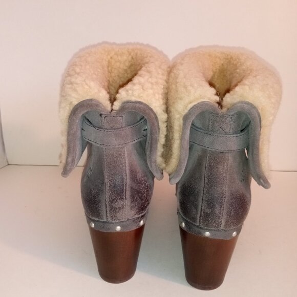 UGG Lynnea Wm 7US/38EU Gray Suede Shearling Ankle Boots Wooden Clog Soles - Picture 9 of 12